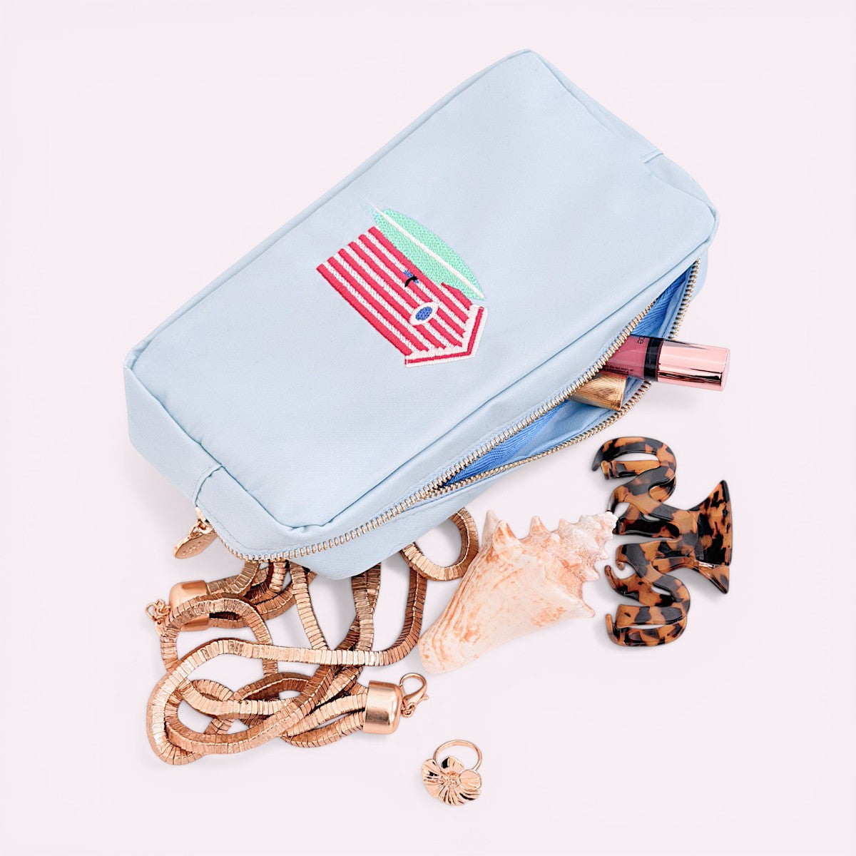 Handbestickte Pouch Beach Hut Aqua