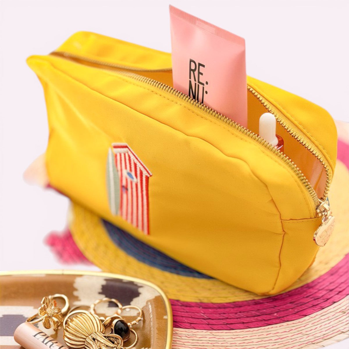 Handbestickte Pouch Beach Hut Mustard
