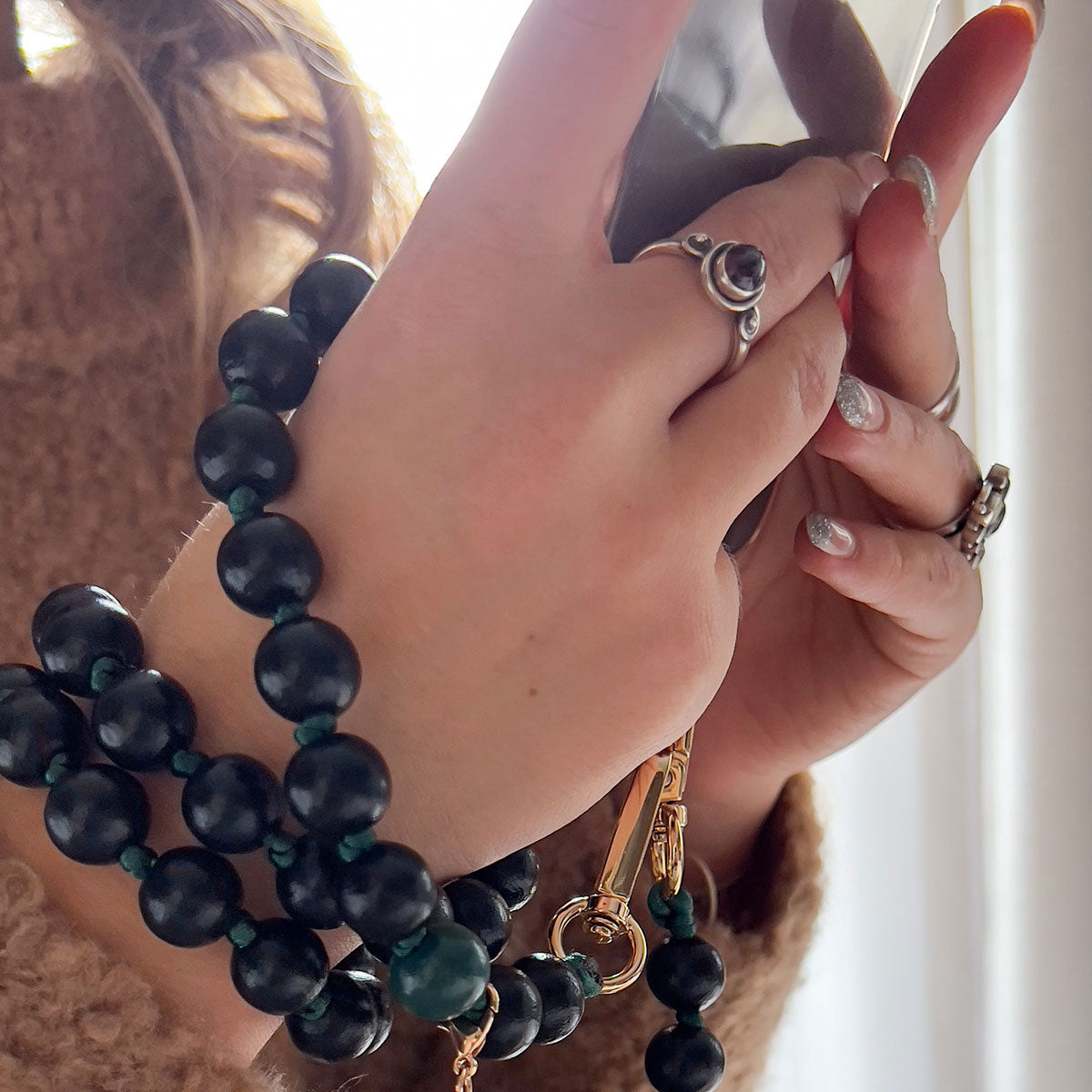 Handykette Holzperlen Onyx