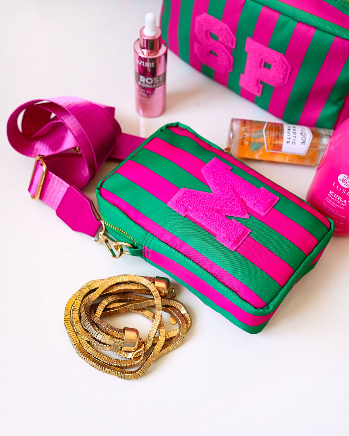 3er Taschen Set Stripes Smaragd Neon Pink
