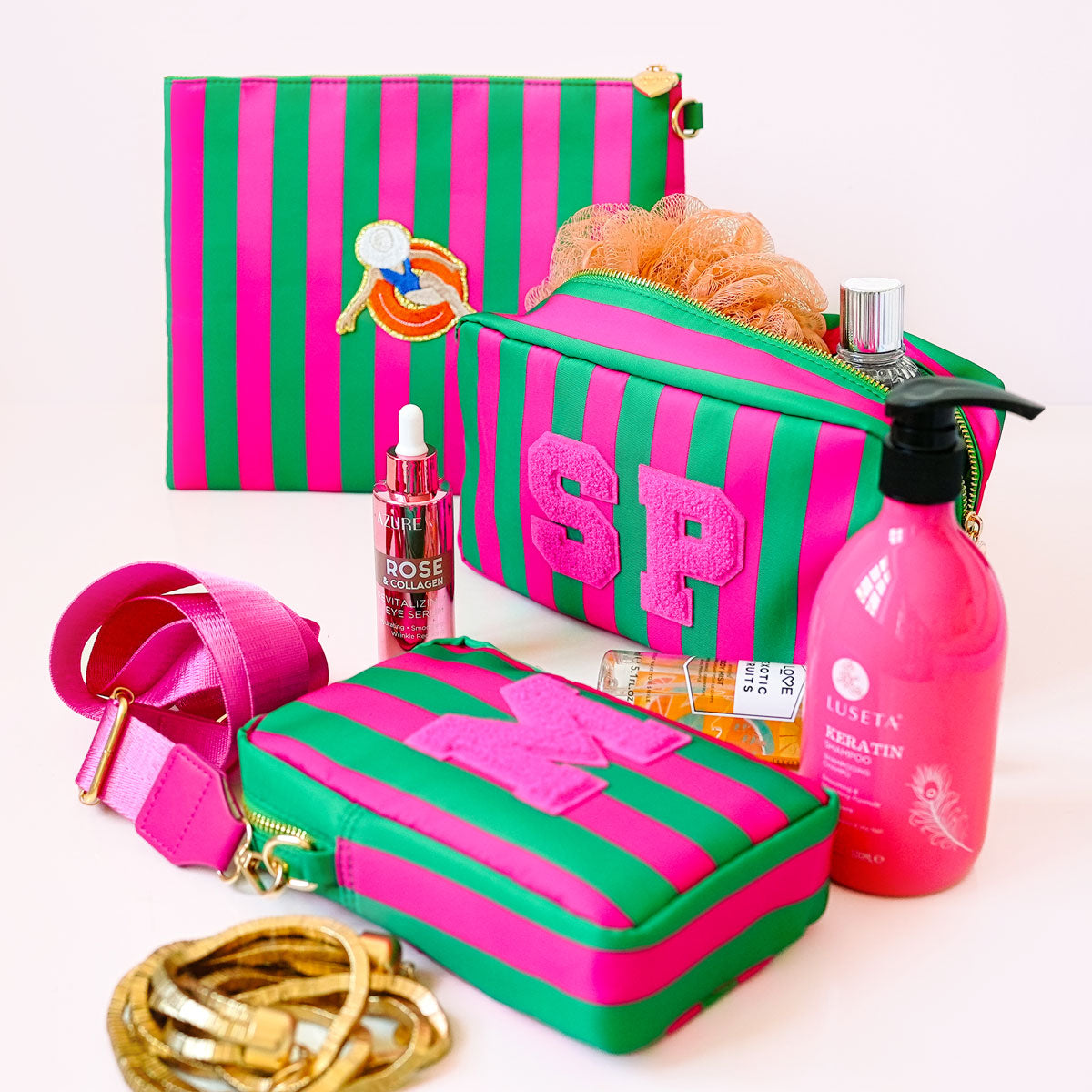 3er Taschen Set Stripes Smaragd Neon Pink