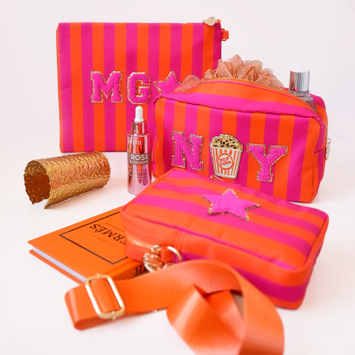 3er Taschen Set Stripes Neon Pink Orange