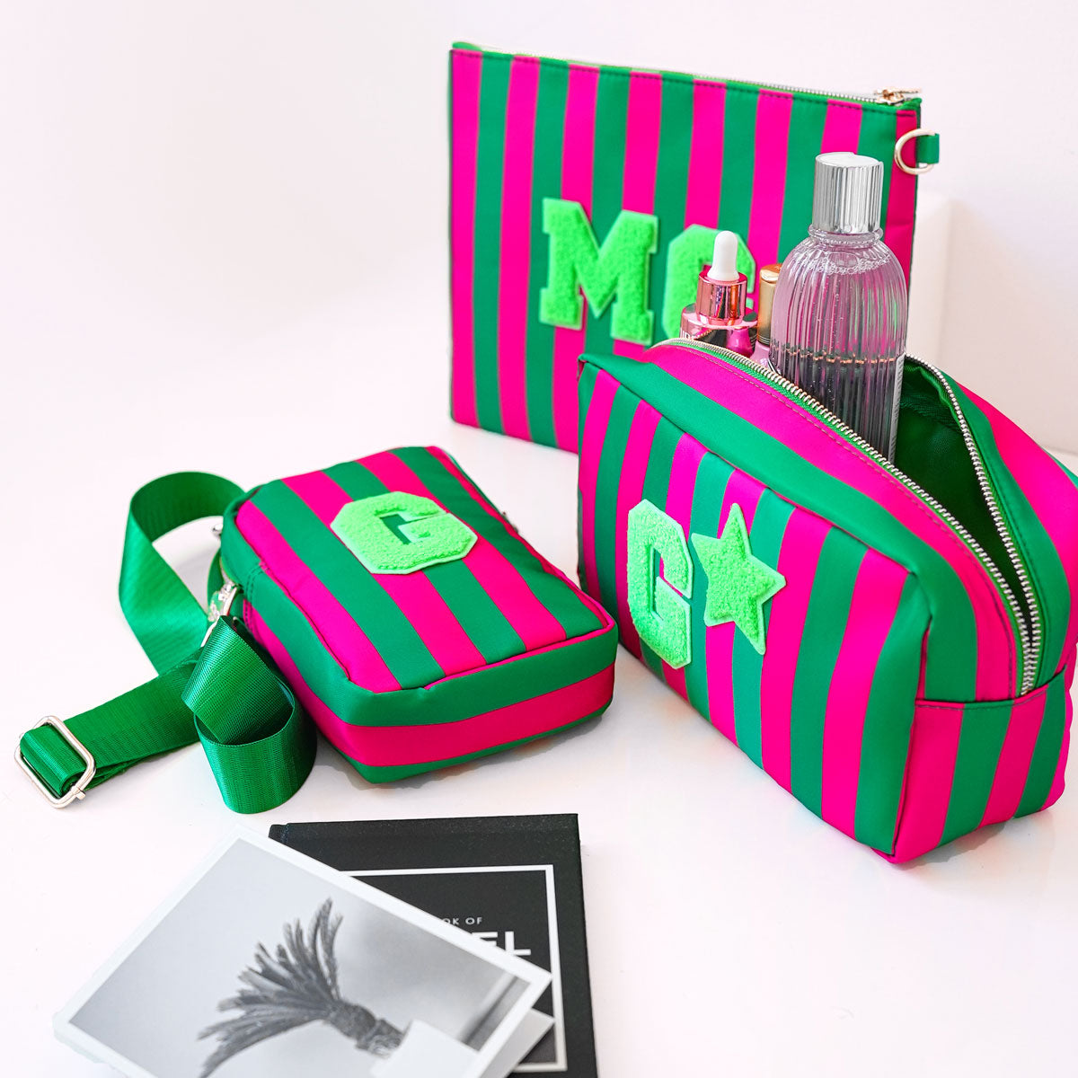 3er Taschen Set Stripes Smaragd Neon Pink