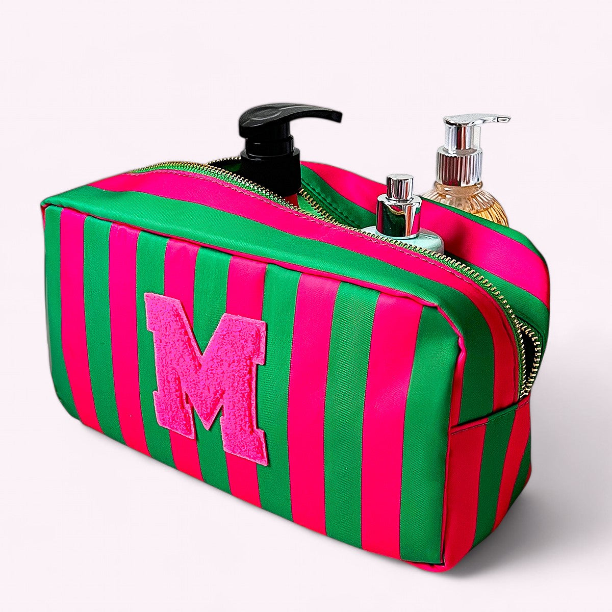 Romy Kosmetiktasche L Stripes Smaragd Neon Pink