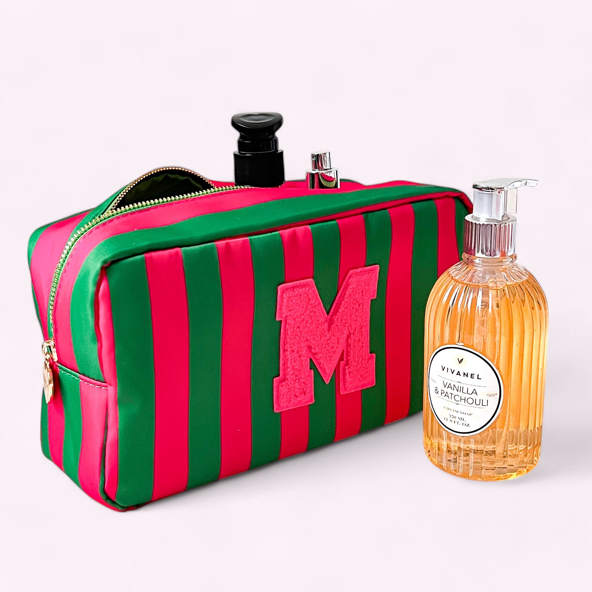 Romy Kosmetiktasche L Stripes Smaragd Neon Pink