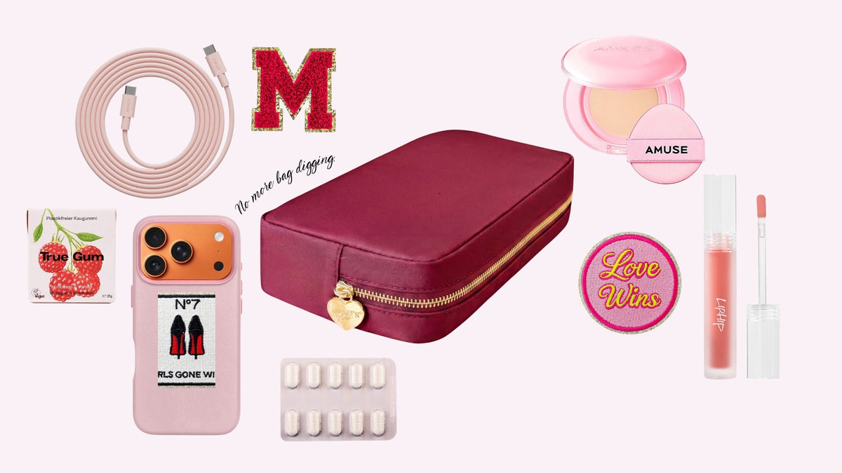 In die luxuriöse Belle Make-Up Tasche von Mimi's Glow passen Make-Up Essentials, dein Telefon, Ladekabel sowie anderer Tech Stuff und all die Dinge, die sonst in deiner Handtasche herumfliegen würden.