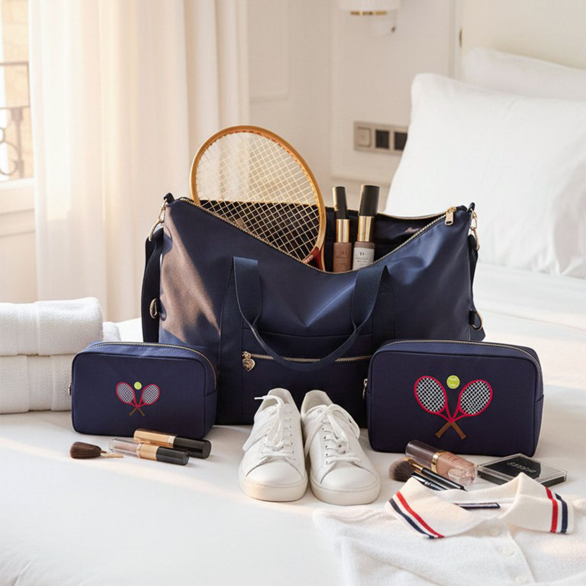Handbestickte Pouch Tennis Navy